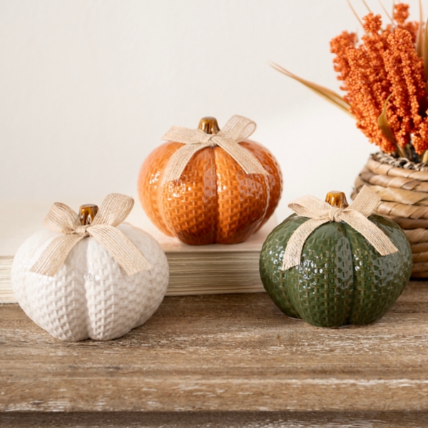 Multicolor Ceramic Basket Weave Pumpkins, Set of 3