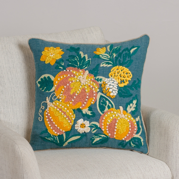Denim Embroidered Pumpkins Pillow