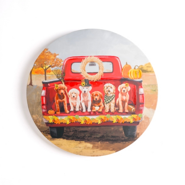 Autumn Puppies in a Truck Round Canvas Art Print