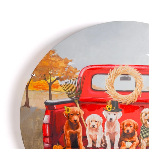 Autumn Puppies in a Truck Round Canvas Art Print