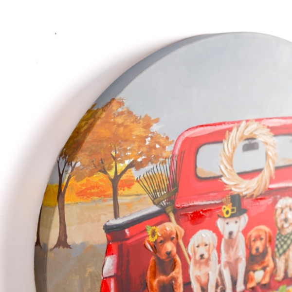 Autumn Puppies in a Truck Round Canvas Art Print