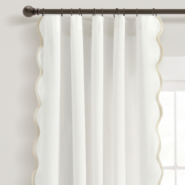 White and Tan Scalloped Curtain Panel Set, 84 in.