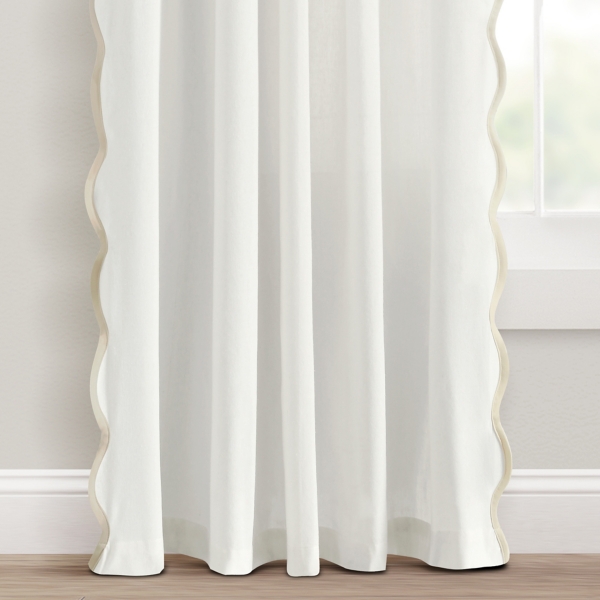 White and Tan Scalloped Curtain Panel Set, 84 in.