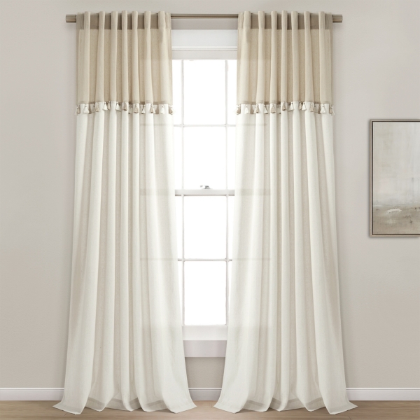 Tan and White Tassel Curtain Panel Set, 84 in.