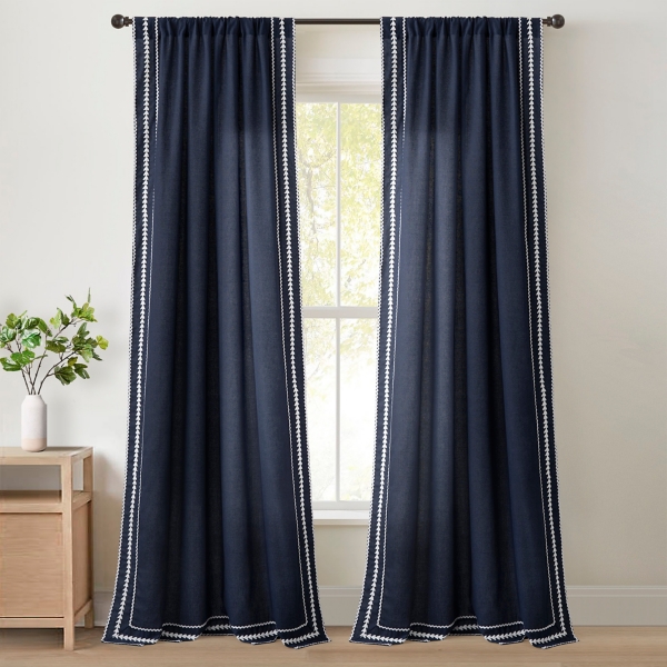 Navy Embroidered Ric Rac Curtain Panel, 84 in.