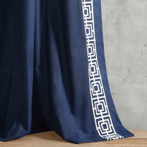 Navy Modern Square Border Curtain Panel, 84 in.