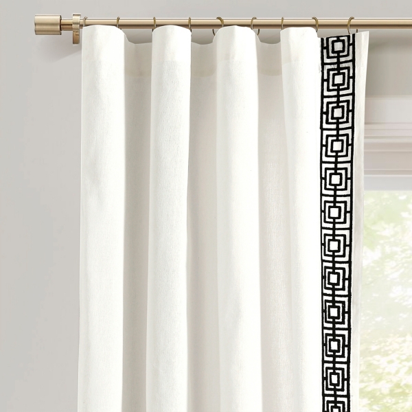 White Modern Square Border Curtain Panel, 84 in.