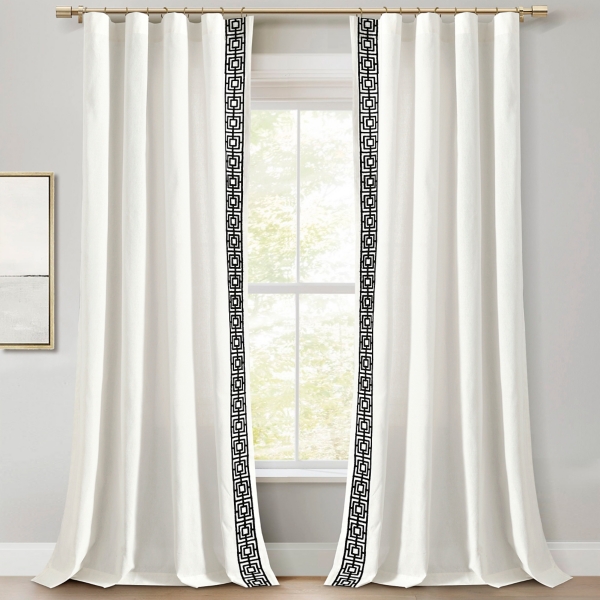 White Modern Square Border Curtain Panel, 84 in.