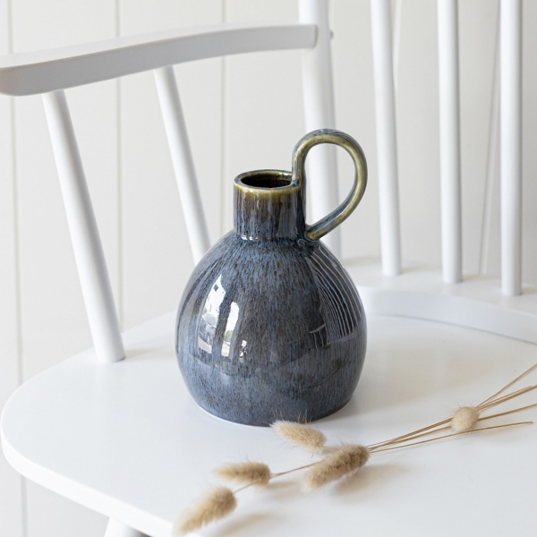 Round Blue Oversized Handle Jug Vase