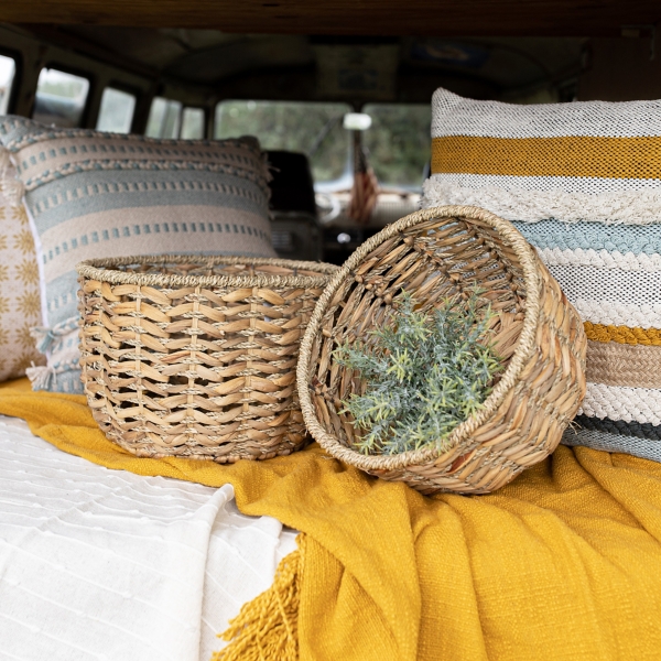 Round Natural Woven Hyacinth Baskets, Set of 2