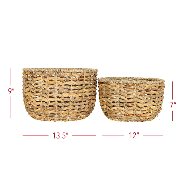 Round Natural Woven Hyacinth Baskets, Set of 2