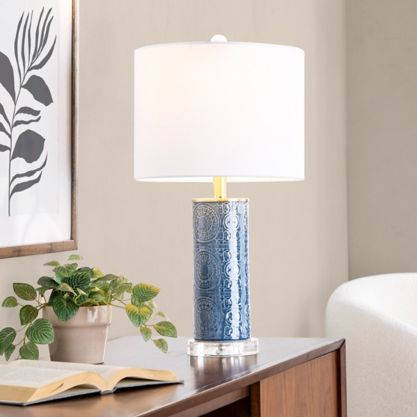 Blue Ceramic Embossed Spiro Table Lamp