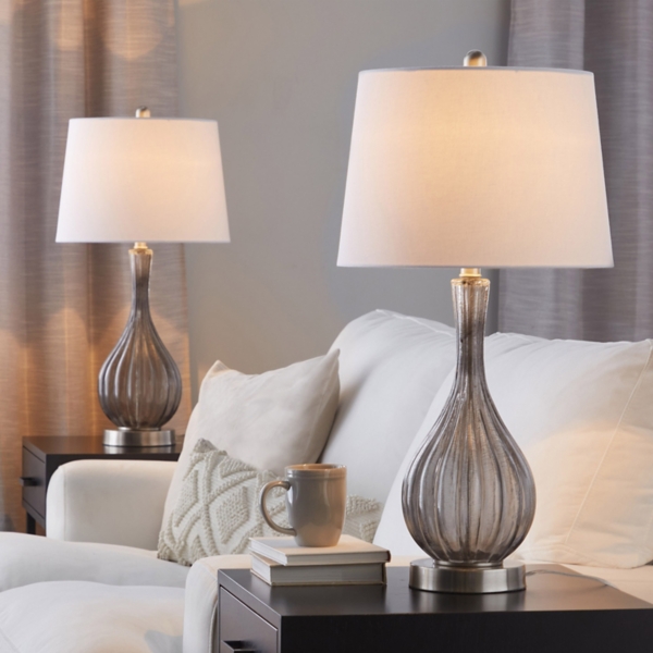 Gray Crackle Glass Teardrop Table Lamps, Set of 2