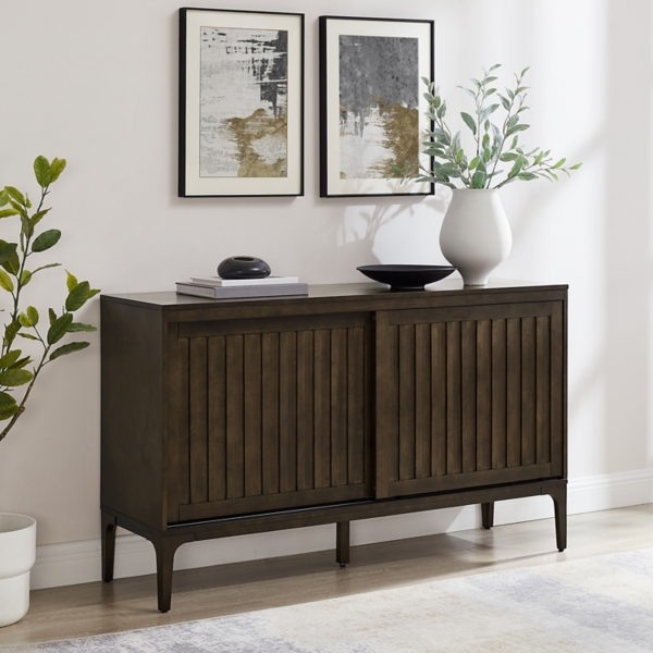 Dark Brown Slatted Sliding Door Cabinet