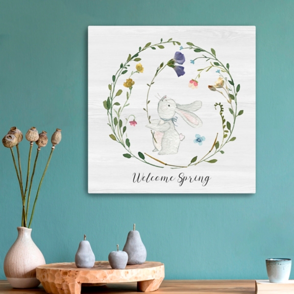 Welcome Spring Bunny Wreath Canvas Art Print