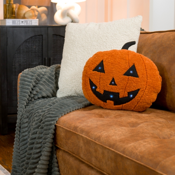 Pre-Lit Jack-O-Lantern Shaped Throw Pillow