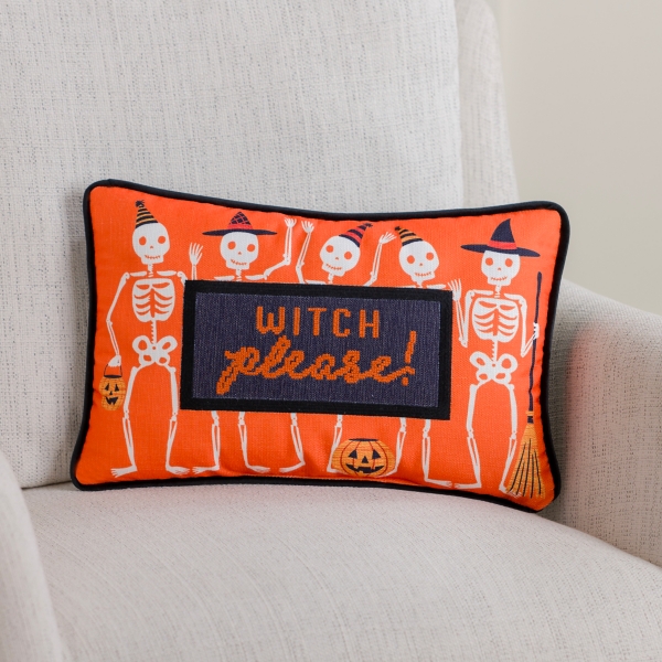 Witch Please Skeleton Needlepoint Halloween Pillow