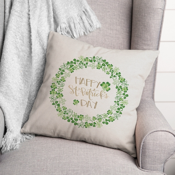 Happy St. Patrick's Day Clover Wreath Throw Pillow