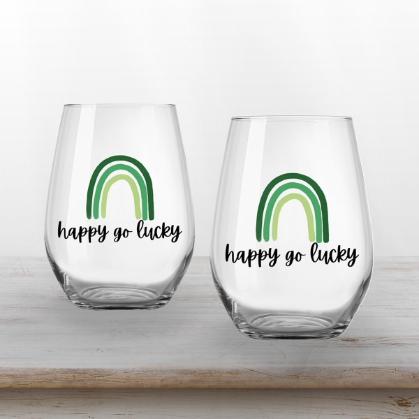Happy Go Lucky Stemless Wine Glasses, Set of 2