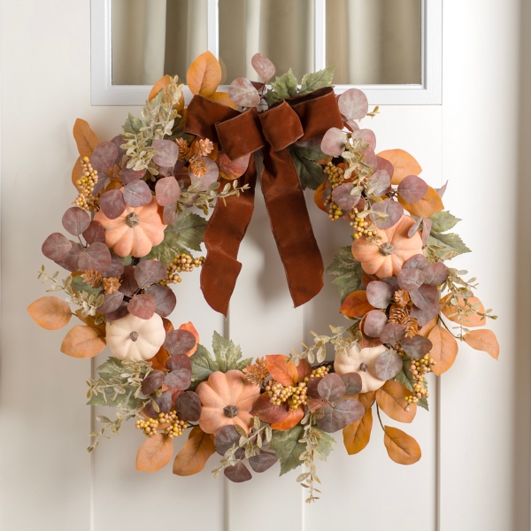 Eucalyptus and Pumpkin Wreath with Velvet Ribbon