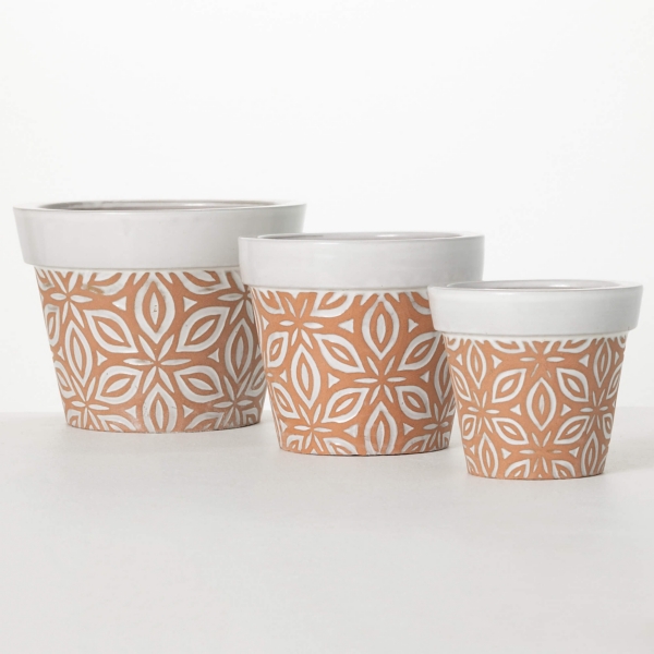 Floral Terracotta Clay Planters, Set of 3