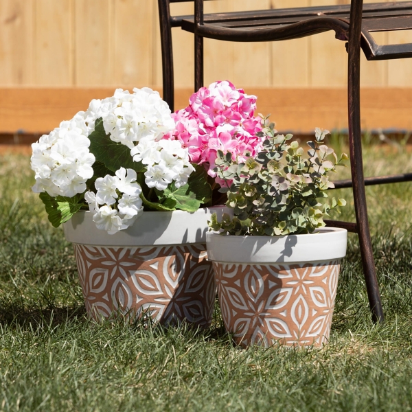 Floral Terracotta Clay Planters, Set of 3