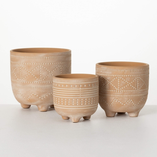 Geometric Etched Footed Pottery Planters, Set of 3