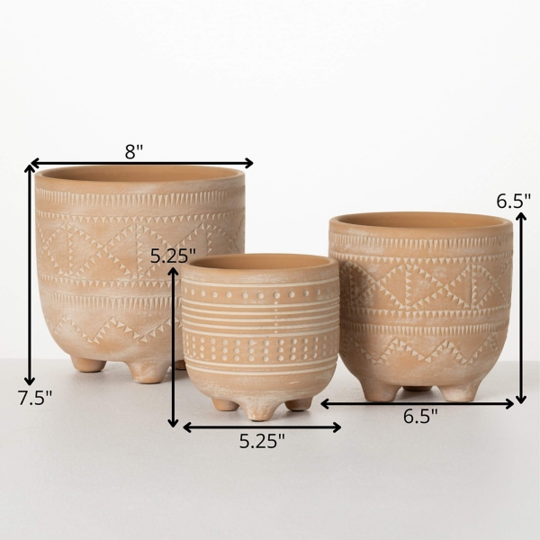 Geometric Etched Footed Pottery Planters, Set of 3
