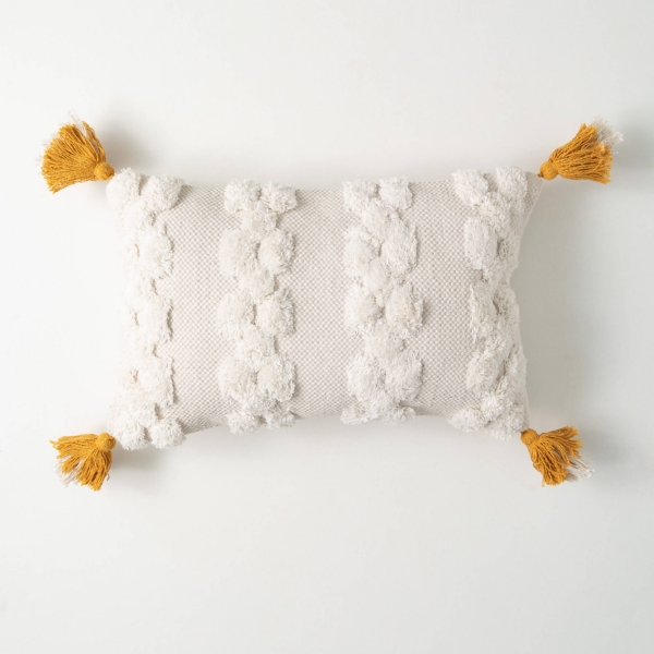 Ivory Tufted Tasseled Lumbar Pillow
