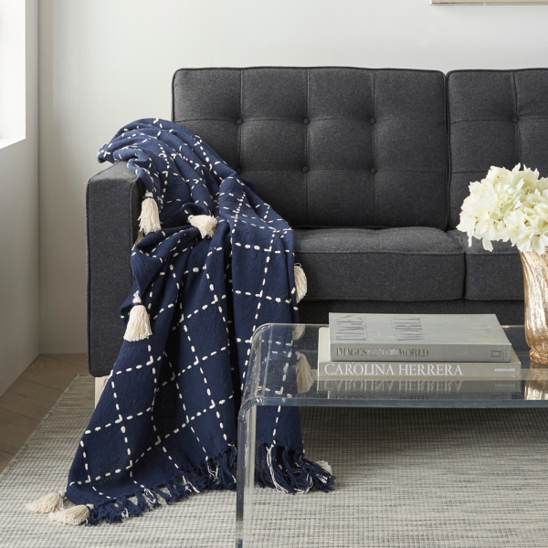 Navy Blue Woven Checkered Throw