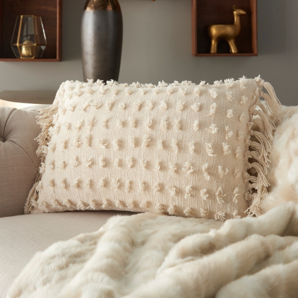 Cream Textured Poms Lumbar Pillow