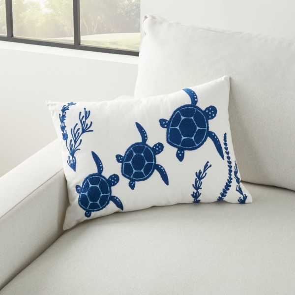 Blue Embroidered Sea Turtles Lumbar Pillow