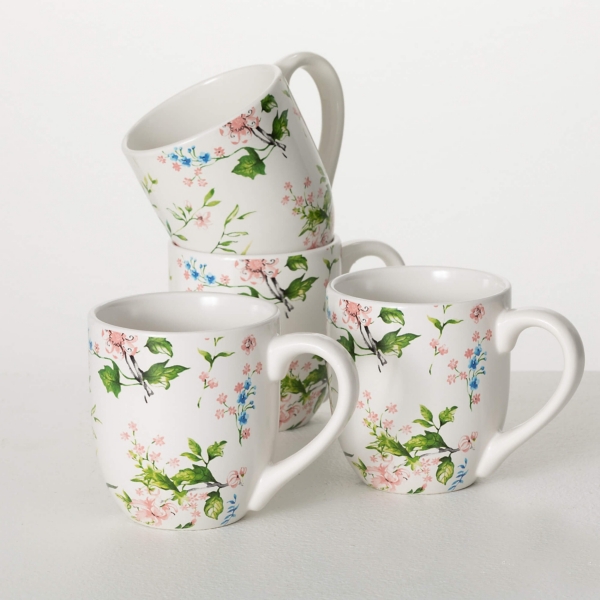 Peacock and Floral Mugs, Set of 4