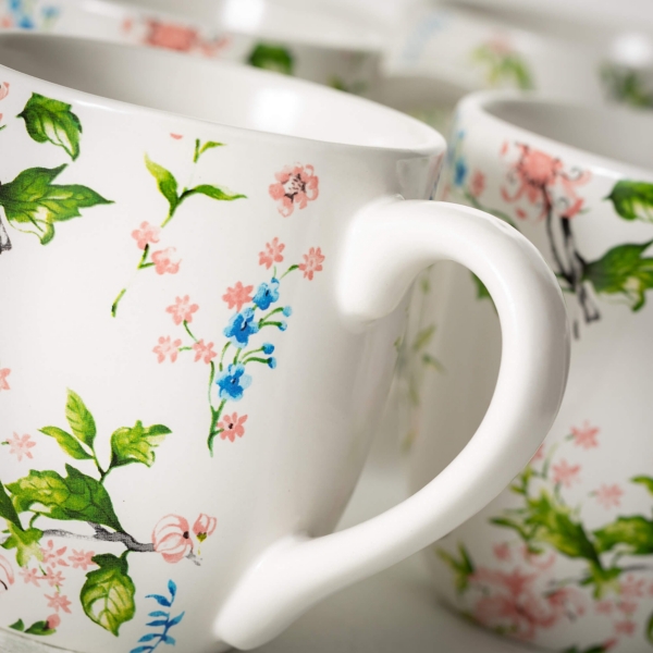 Peacock and Floral Mugs, Set of 4