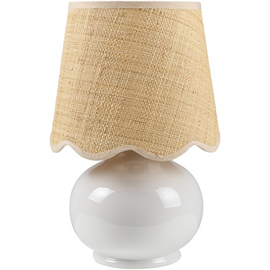 Blue Ceramic Mini Lamp with Scalloped Rattan Shade