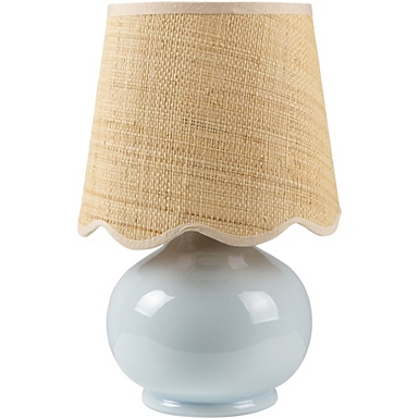 Blue Ceramic Mini Lamp with Scalloped Rattan Shade