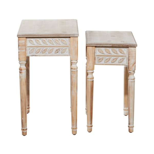 Natural Wood Carved Leaf Accent Tables, Set of 2