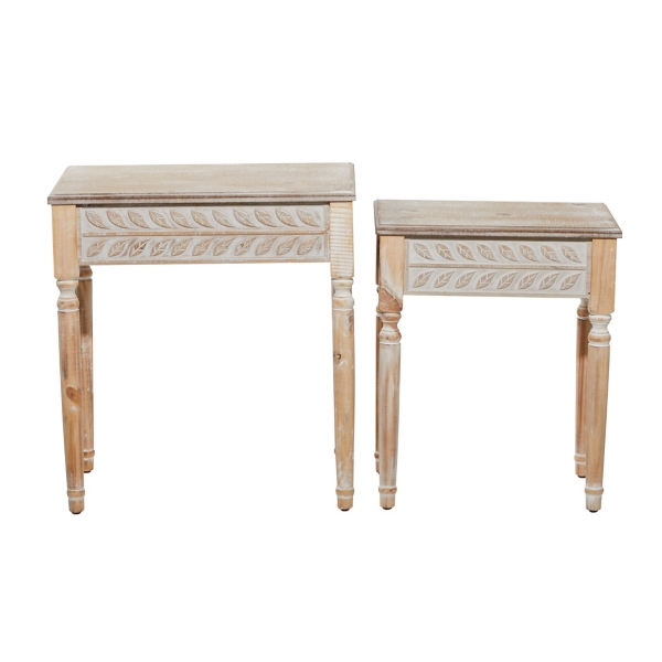 Natural Wood Carved Leaf Accent Tables, Set of 2