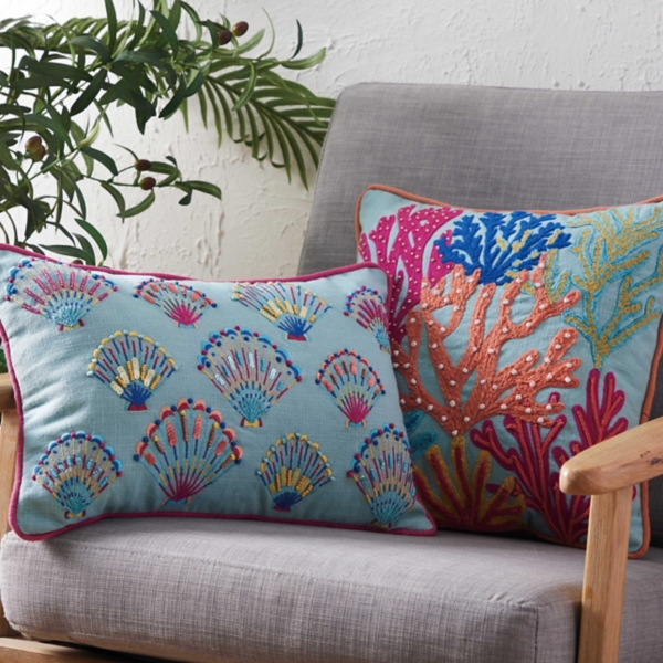 Embroidered Tropical Shells Lumbar Pillow