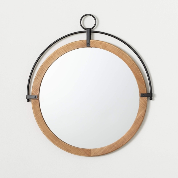 Wood and Black Metal Modern Round Wall Mirror Kirklands Home