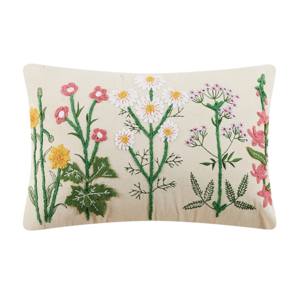 Flower Meadow Embroidered Lumbar Pillow