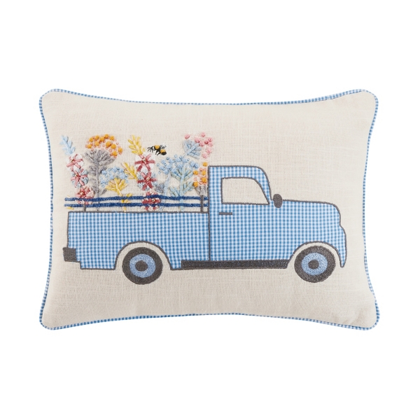 Gingham Truck Embroidered Lumbar Pillow