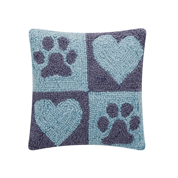 Blue Paw Print Hooked Wool Pillow