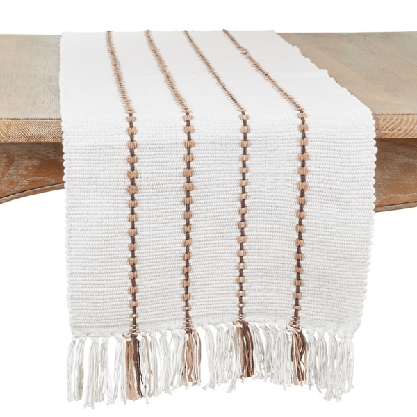 Ivory Striped Fringe Table Runner