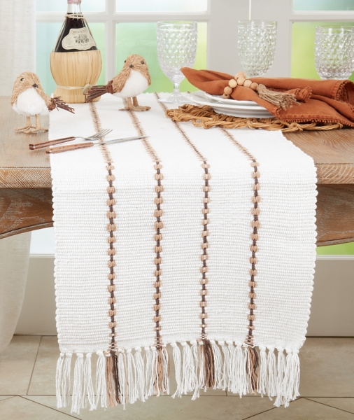 Ivory Striped Fringe Table Runner