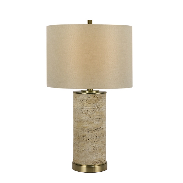 Beige Stone and Brass Cylinder Table Lamp