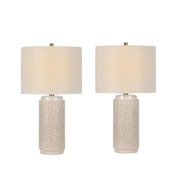 White Textured Cylinder Table Lamps, Set of 2