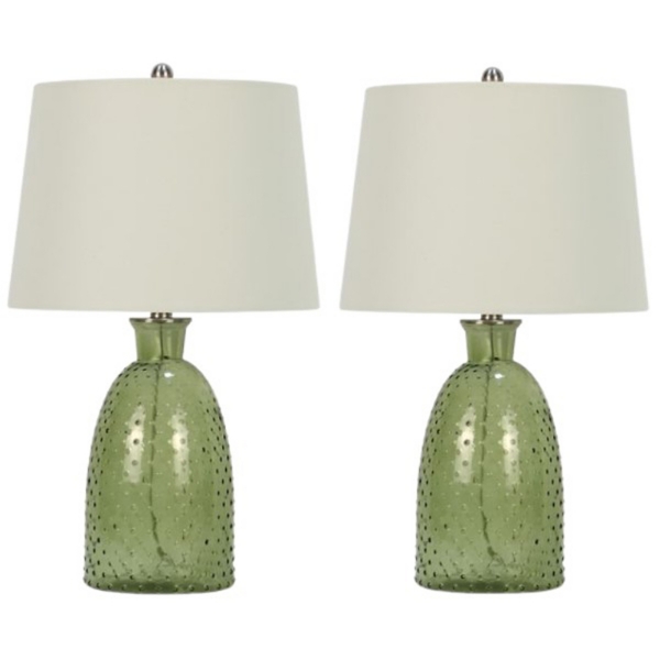 Green Hobnail Glass Table Lamps, Set of 2