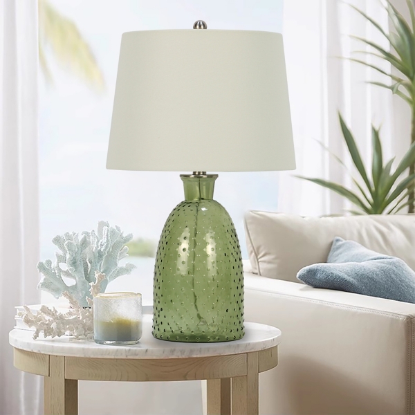 Green Hobnail Glass Table Lamps, Set of 2