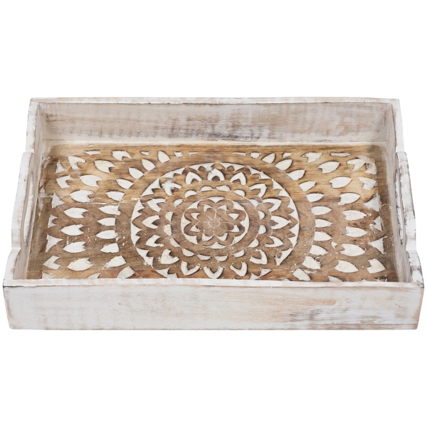 Brushed White Mandala Carved Trays, Set of 2